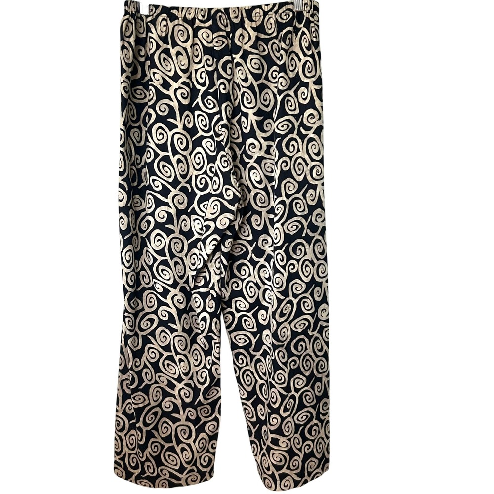 Norm Thompson Women's L Rayon Wide Leg Pants Black Tan Swirl Batik Print Pull On